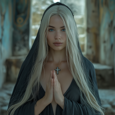 Cinematic Portrait of a Modest Woman Praying in Ancient Ruins