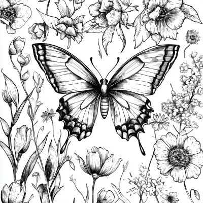 Butterfly and Flowers Coloring Page