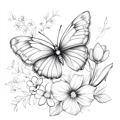 Butterfly and Flowers Coloring Page