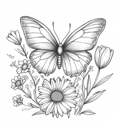 Butterfly and Flowers Coloring Page