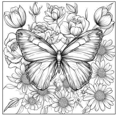 Butterfly and Flowers Coloring Page