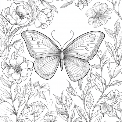 Butterfly and Flowers Coloring Page