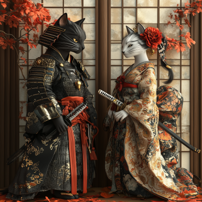 Cat Samurai and Cat Geisha Wedding Portrait