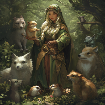 Gnome Druid in Forest with Woodland Animals