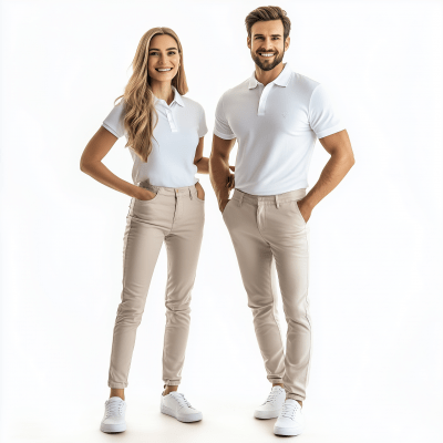 Smiling Male and Female Models in Polo Shirts and Pants