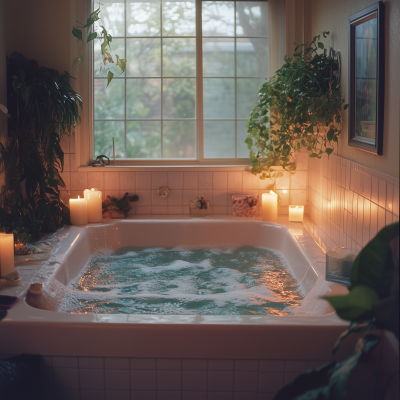 80’s suburban bathroom with rain on window