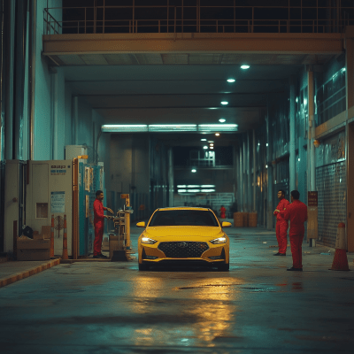 Cinematic Night Shot of Yellow Car in Riyadh