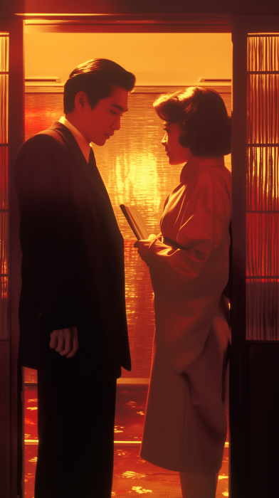 Japanese Couple in Tokyo Park Hyatt Hotel Corridor