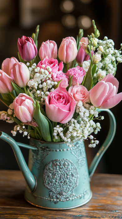 Whimsical Floral Arrangement in Vintage Watering Can