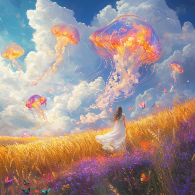 Field of Golden Wheat and Jasmine with Abstract Butterflies and Jellyfish