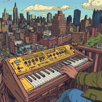 New York Punk Style Album Art with Hand-Drawn Synthesizer