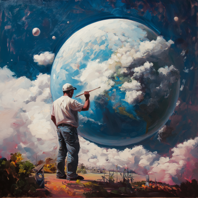 Giant Man Painting Clouds on Baseball Sized Earth