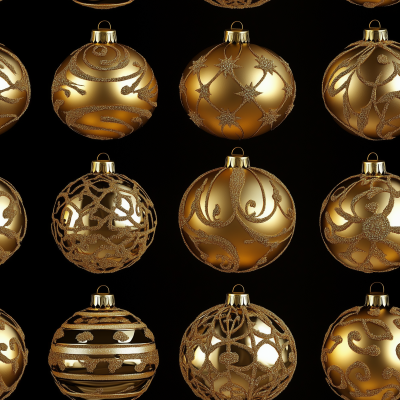 Shiny Gold Ornaments on Black Background