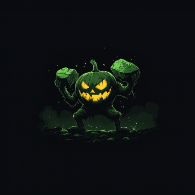 Glowing Pumpkin with Strong Arms and Boulder