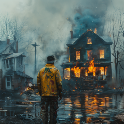 Artist painting outside burning house