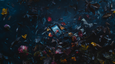 Broken Smartphone and Flower Leafs Oil Painting