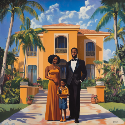 African American Family in Front of Modern Home