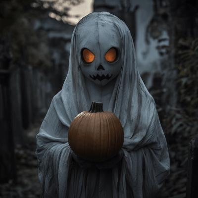 Indonesian Ghost Pocong with Pumpkin Head in Cemetery