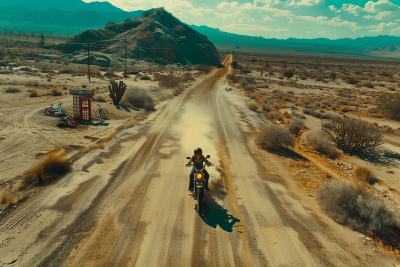 Surrealistic West Anderson inspired aerial shot of desert biker