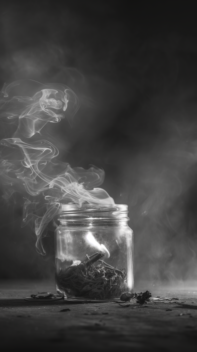 Black and White Minimalist Cinematic Photo of a Jar with Fire and Smoke