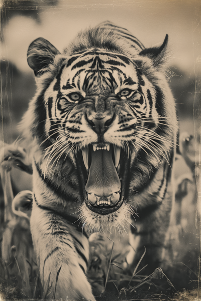 Roaring Siberian Tiger in Old Film Photography Style