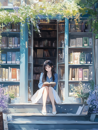 Girl Sitting in Front of Bookstore Entrance