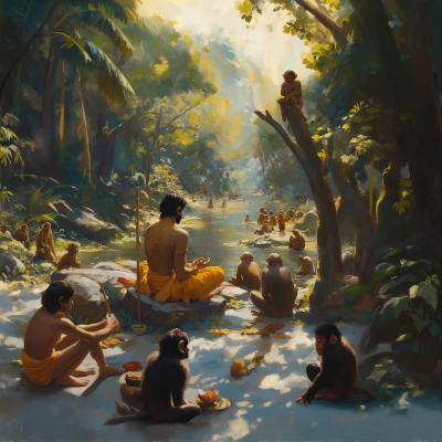 Rama and Lakshman with Monkeys in Makoto Shinkai Style Landscape