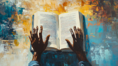 Impressionistic Oil Painting of a Modern Top View of an Opened Book on a Table