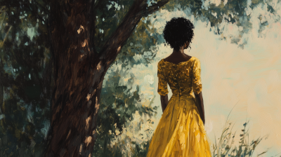 Impressionist oil painting of a woman in a yellow dress