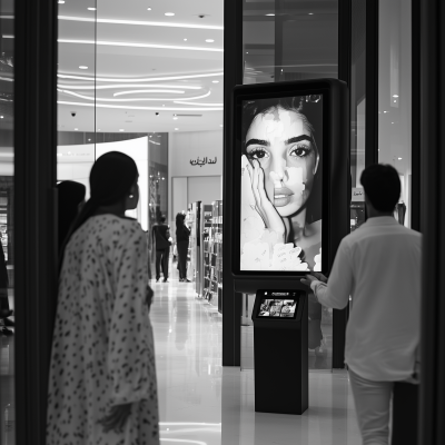 Mall Window Display with Sculptural Hand Holding Ledger Stack