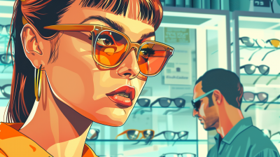 Woman Shopping for Glasses in GTA 6 Style Illustration