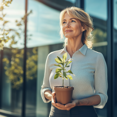 Mature Woman with Seedling in Corporate Environment