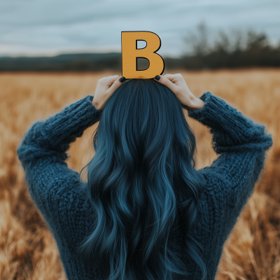 European Woman with Dark Blue Hair Holding Letter B on Field