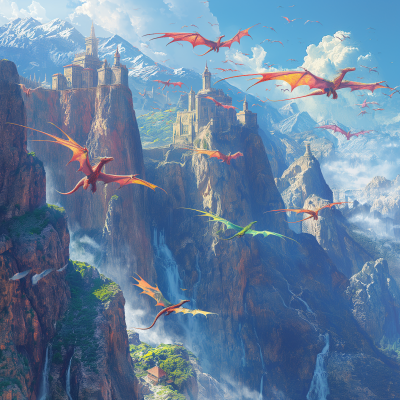 Rainbow Dragons Over Mountain Range