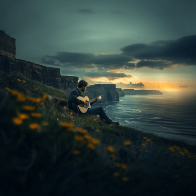 Man in Deep Thought with Guitar in Ireland