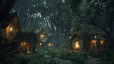 Cozy Fantasy Medieval Houses in a Forest