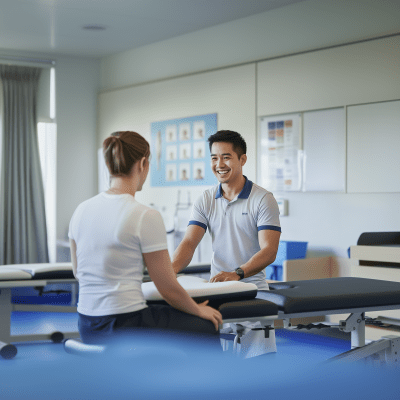 Asian Male Physiotherapy Worker with Client in Modern Clinic