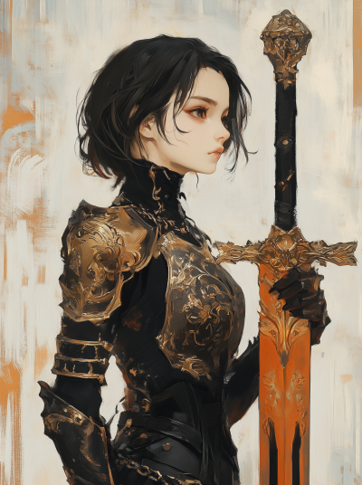 Girl in Black and Gold Armor with Ornate Sword