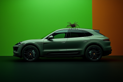 Aventurine Green Porsche Macan with Spider on Hood