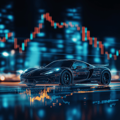 Speeding Super Car in Stock Market Background