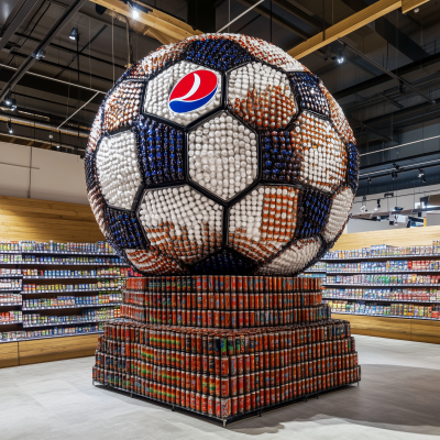 Supermarket Display with Soccer Ball Made of Stacked Pepsi Cans