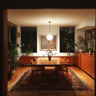 Cozy Mid Century Modern Dining Room at Night