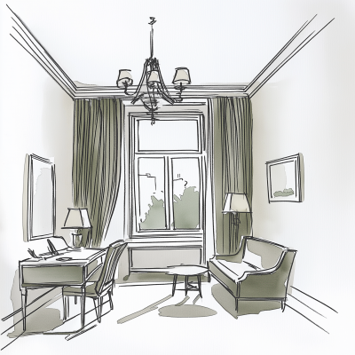 Hand Sketch of Room in Watercolor