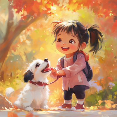 Bright and Colorful Cartoon Painting of a Chinese Girl and a Dog in the Park