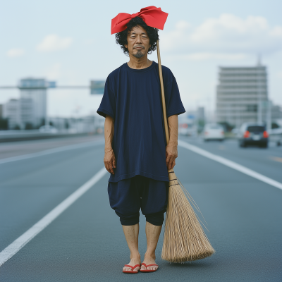 Japanese Man with Deck Brush