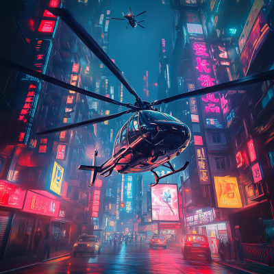 Cyberpunk Helicopter Flying Over City