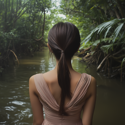 Woman in Pink Dress in Jungle Swamp