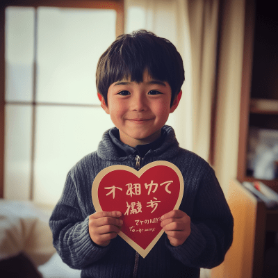 Smiling Japanese Boy with Heart