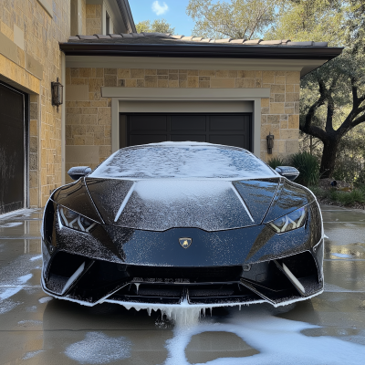 Car Detailing with Foam Cannon in Driveway