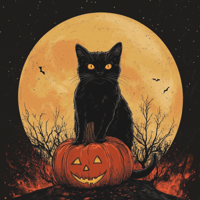 Black Cat with Pumpkin and Full Moon